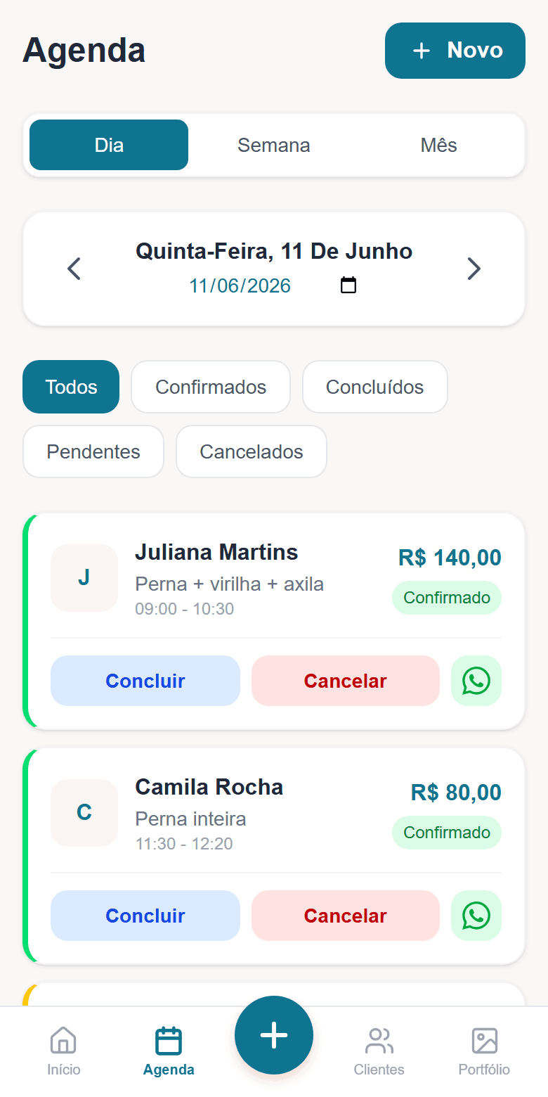 Agenda do dia no Depilação Express: horários, serviços e valores de cada atendimento