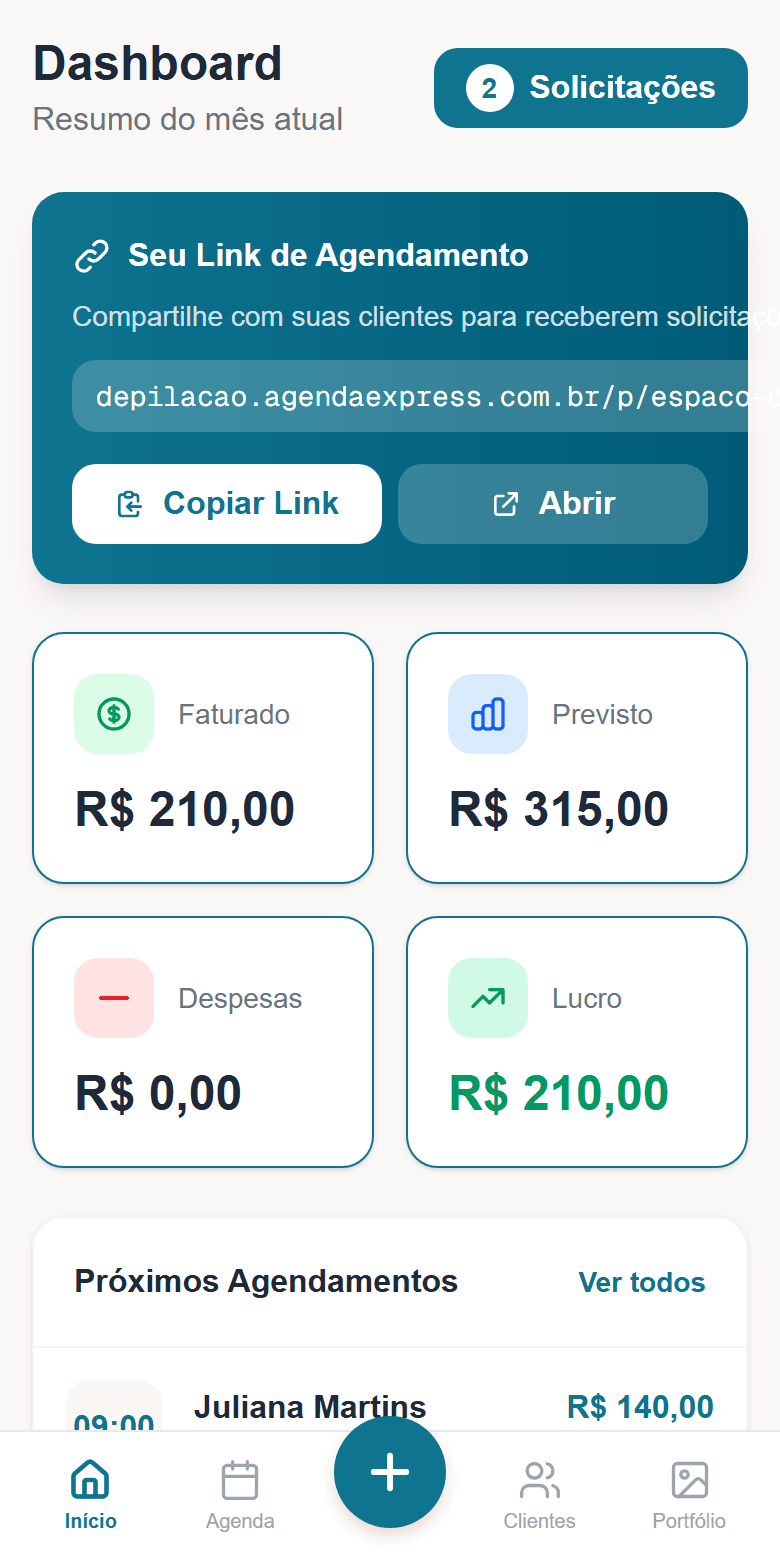Painel do Depilação Express: faturado e previsto do mês, link de agendamento