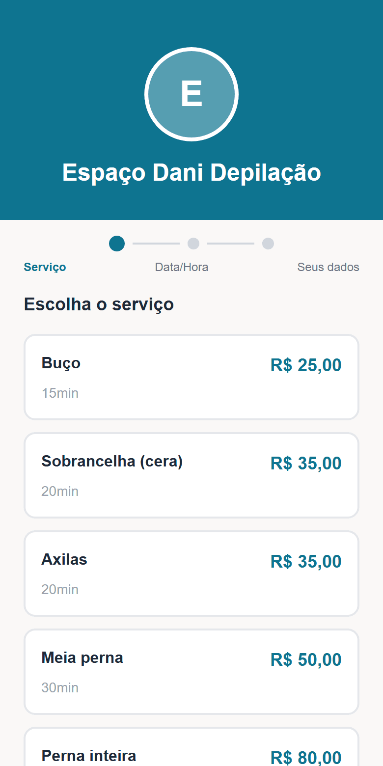 Página de agendamento real do Depilação Express: a cliente escolhe serviço, data e horário