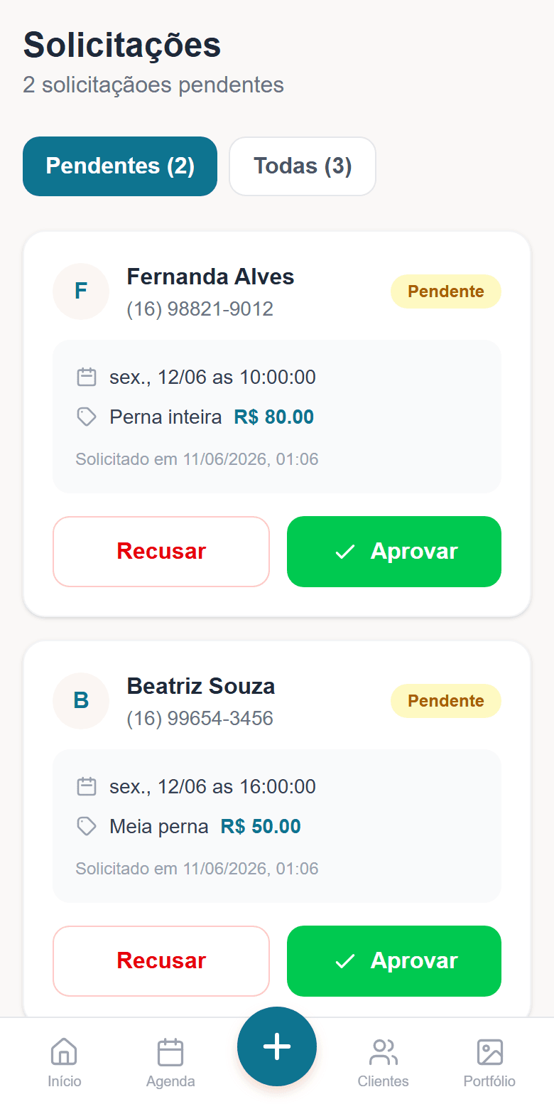 Tela de solicitações do Depilação Express: pedido de horário com botão Aprovar